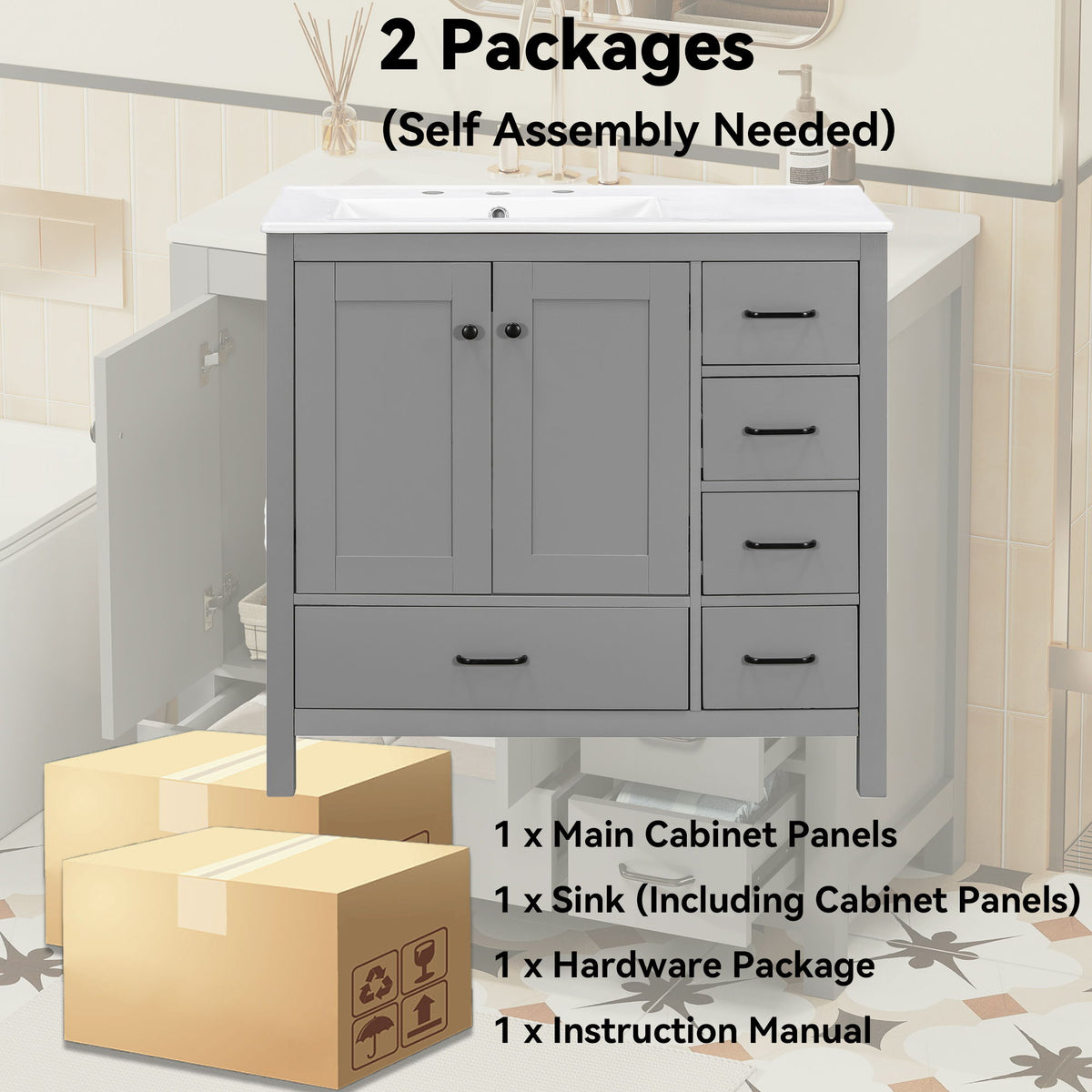 Bathroom Vanity With Sink Combo, 2 Soft Close Doors And 5 Drawers