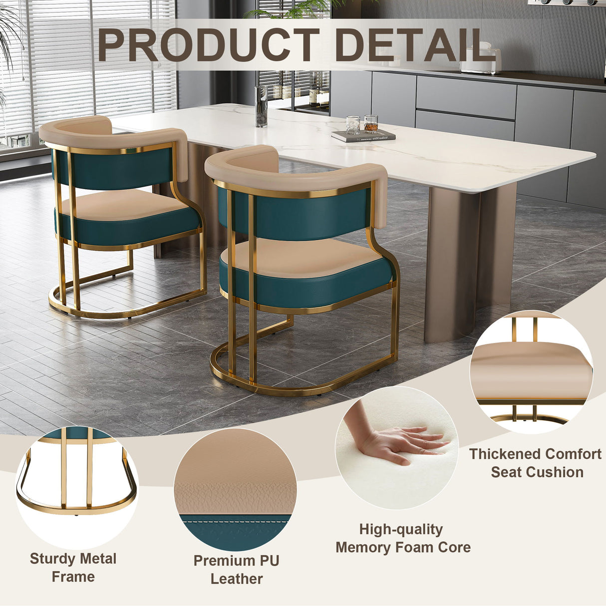 Dining Chairs Ergonomic Curved Backres (Set of 2) - Blue / Neutral