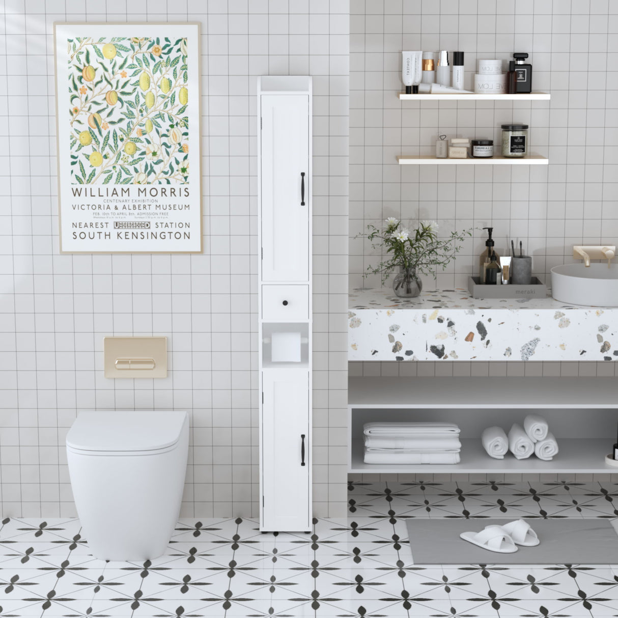 Slim Tall Bathroom Storage Cabinet With Adjustable Shelves, 2 Doors Freestanding Cabinet - White