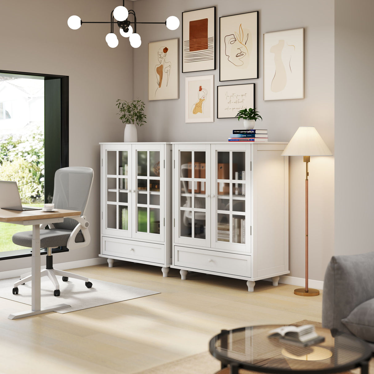 Minimalist Buffet Cabinet With Double Glass Doors And Drawer