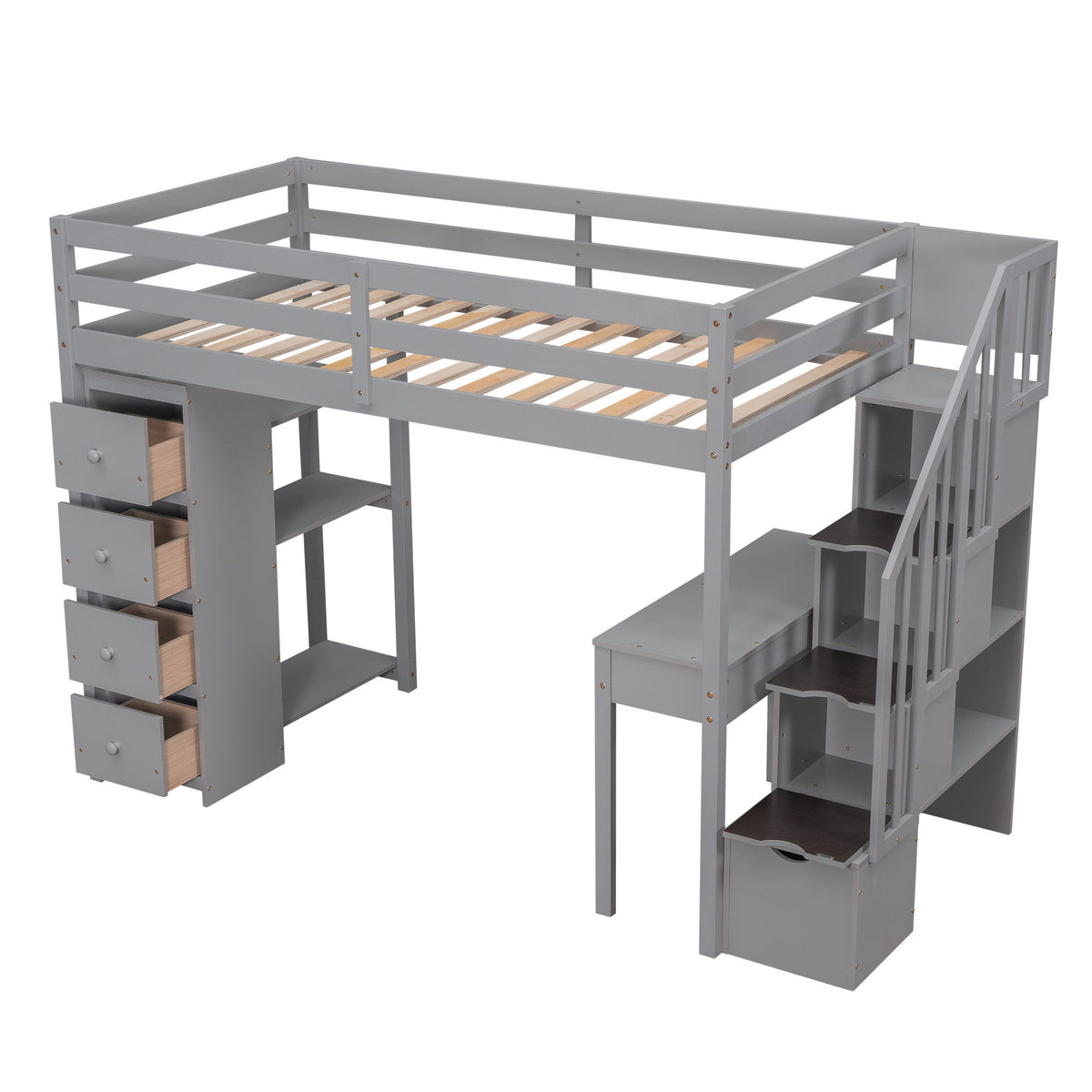 Loft Bed With Storage Drawers, Desk And Stairs With Shelves