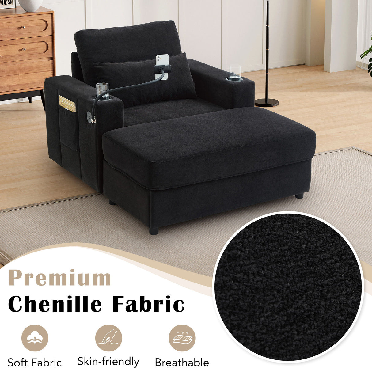 Modern Style Armchair Chaise Lounge Sofa Couch With Movable Storage Ottoman, USB Ports, Cup Holders, Phone Holder, Side Pockets