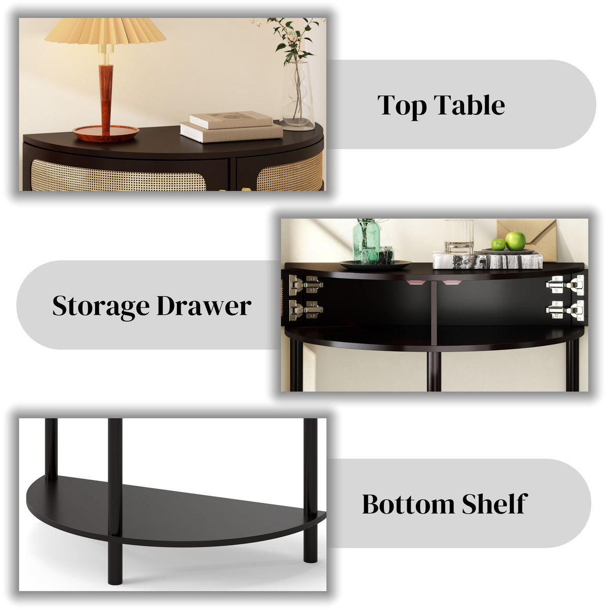 Boho Rattan Semi Circle End Table With Sliding Rattan Door, Storage And Bottom Shelf