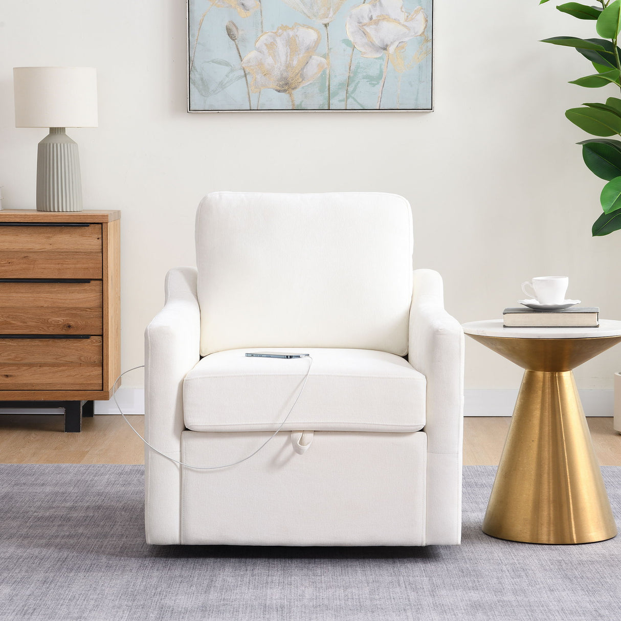 Swivel Arm Chair With USB Type-C Charging And Book Pocket