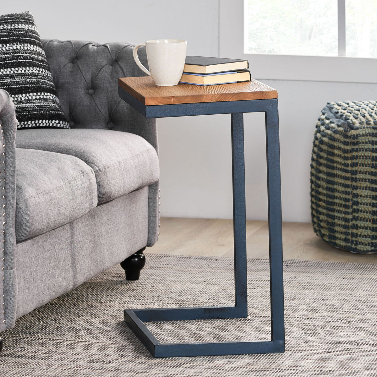 Large C Shaped End Table With Iron Base And Fir Wood Top - Black