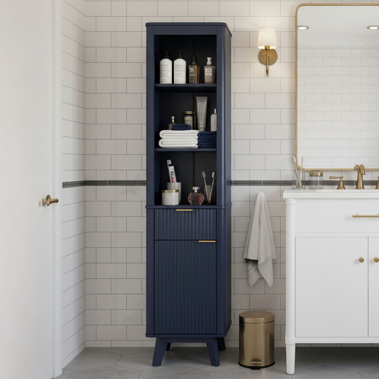 Tall Bathroom Storage Cabinet With Adjustable Shelves And 1 Drawer & Door