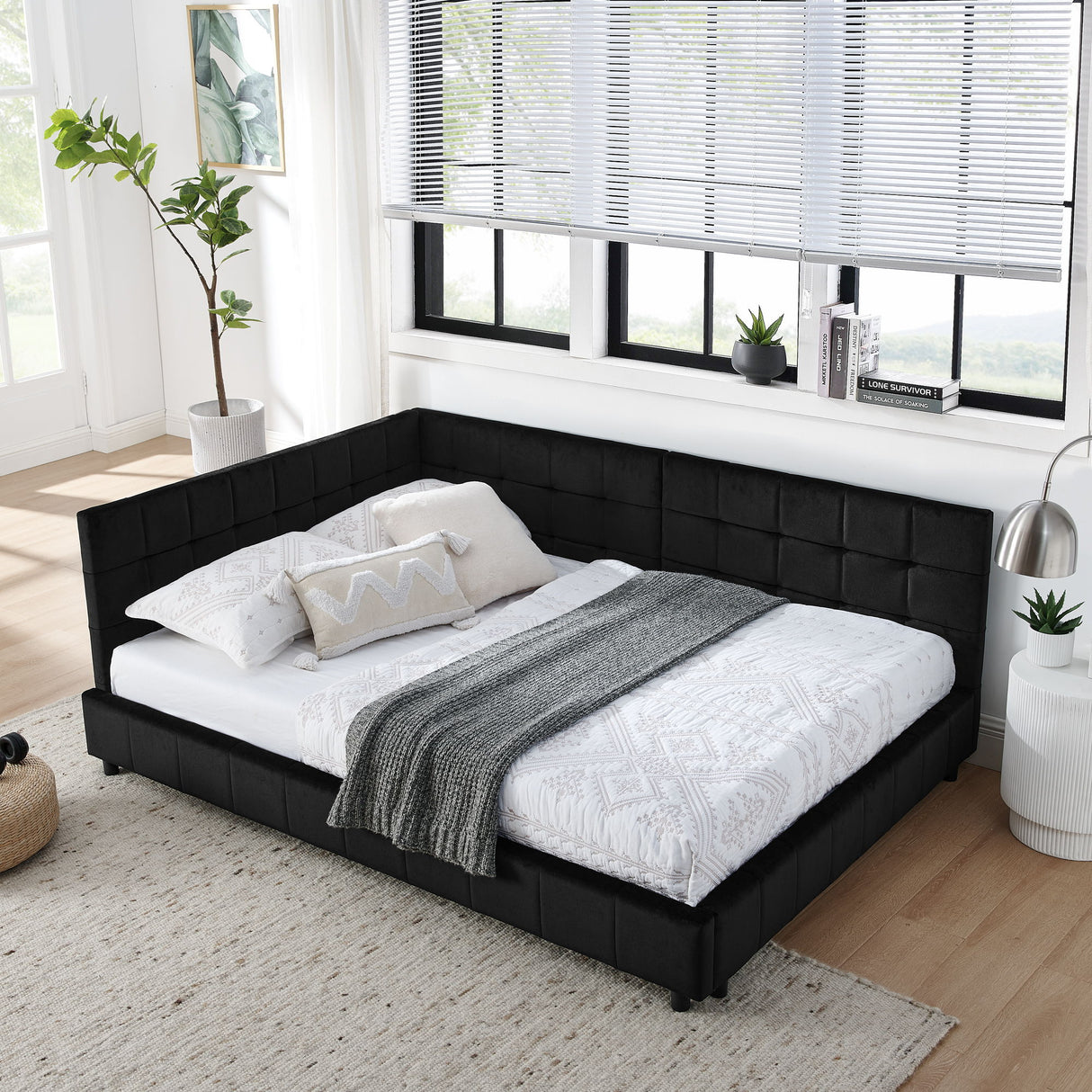 Storage Elegant Upholstered Tufted Bed Frame With Backrest And Armrests