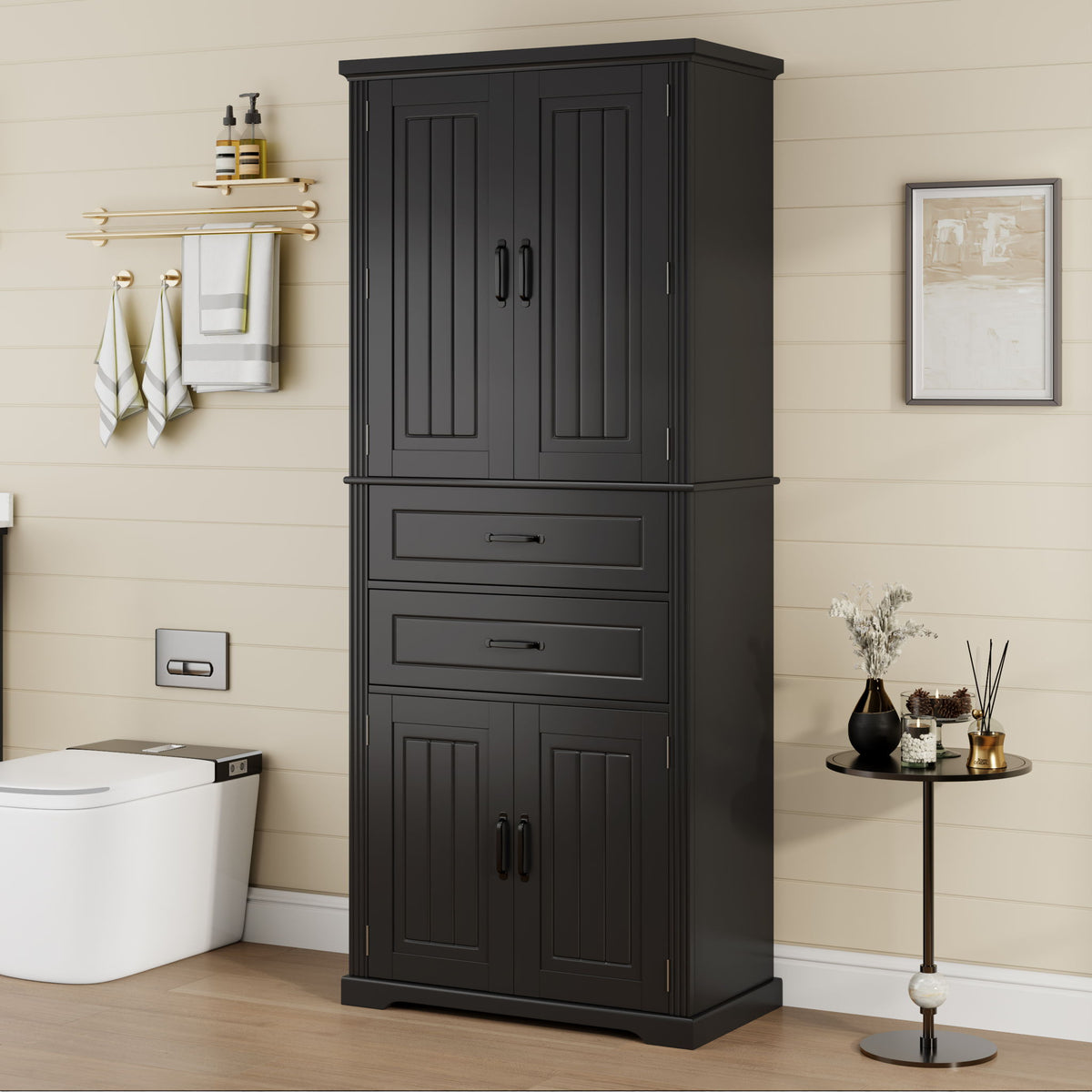Storage Cabinet With Adjustable Shelves, 2 Drawers, Doors