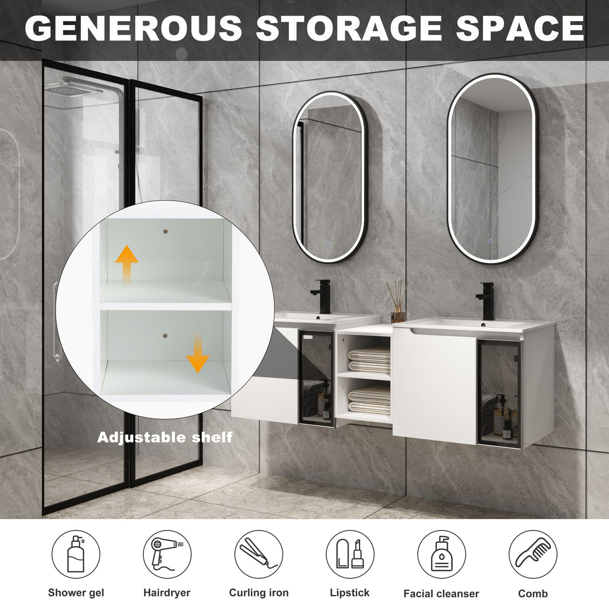 Wall Mounted Bathroom Vanity With Sink, Soft Close Doors, Cabinet & Half Door