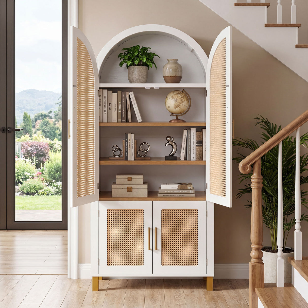 Tall Arched Cabinet With Rattan Doors & Adjustable Shelves