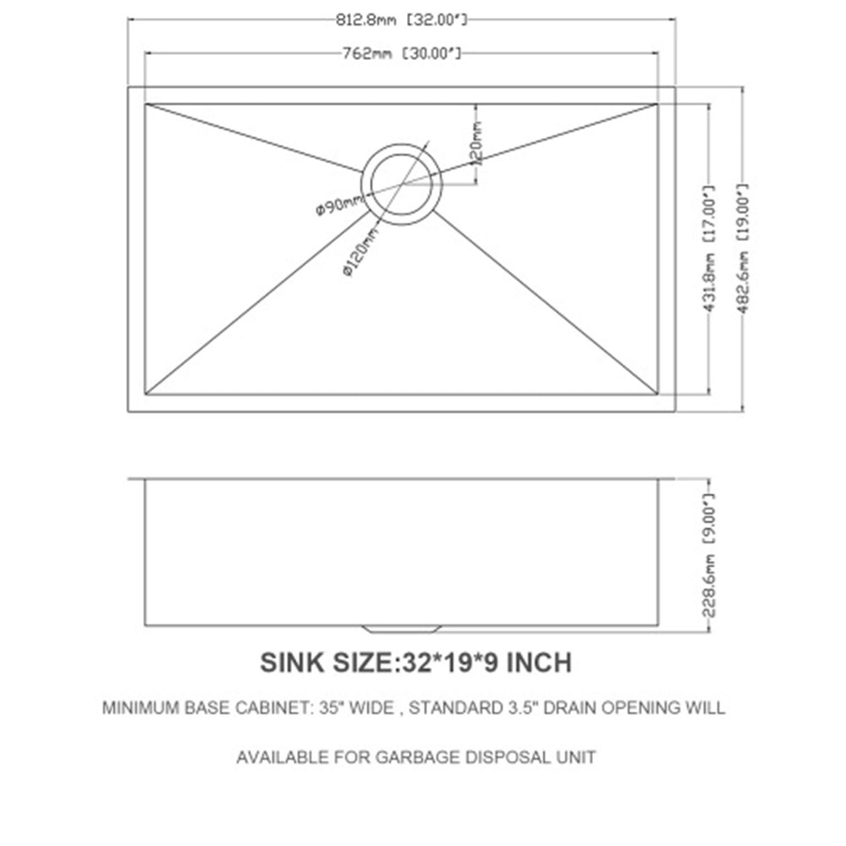 32" Undermount Kitchen Sink With, Single Bowl - Brushed Nickel