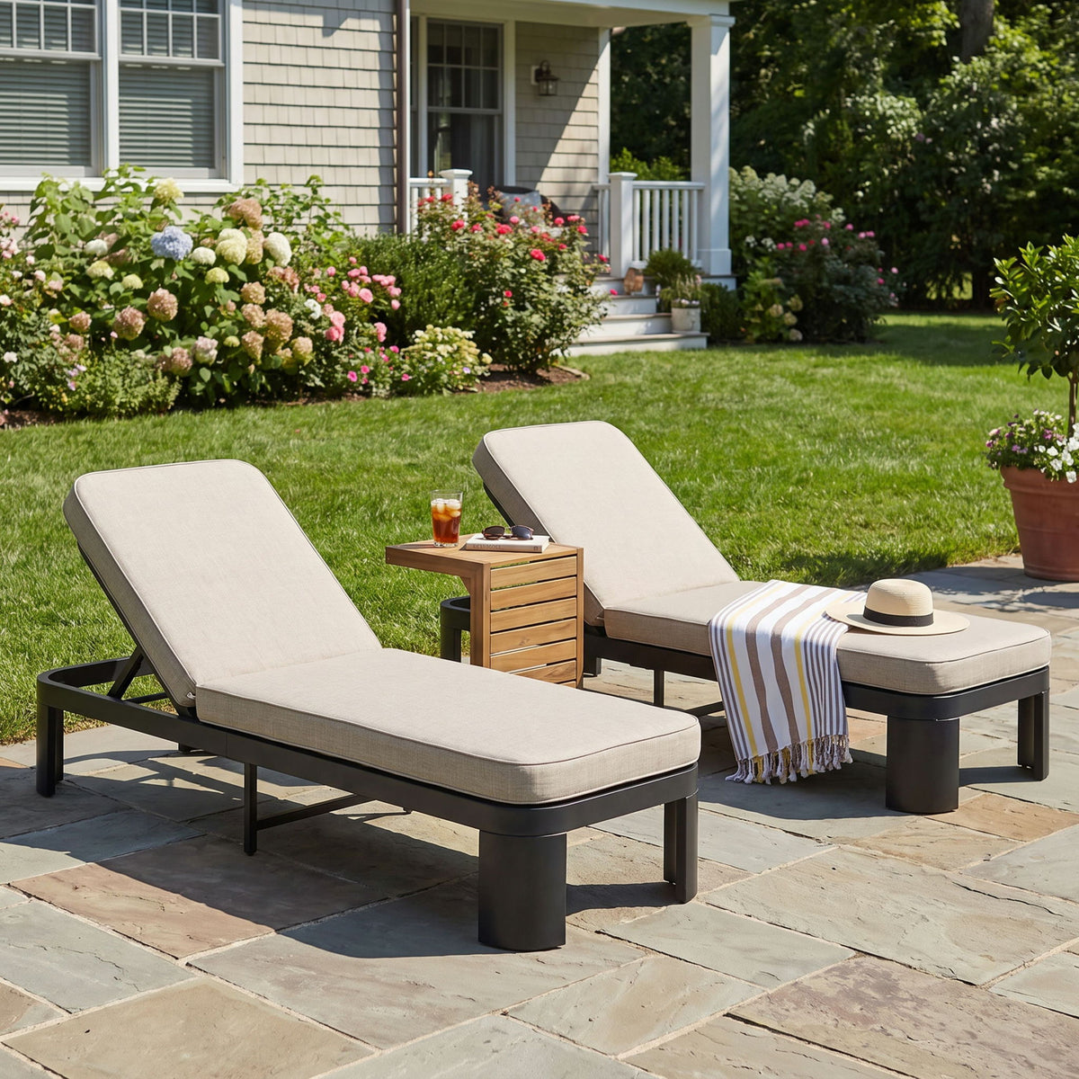 Outdoor Chaise Lounge Set With Side Table, 5 Position Adjustable Patio Recliner