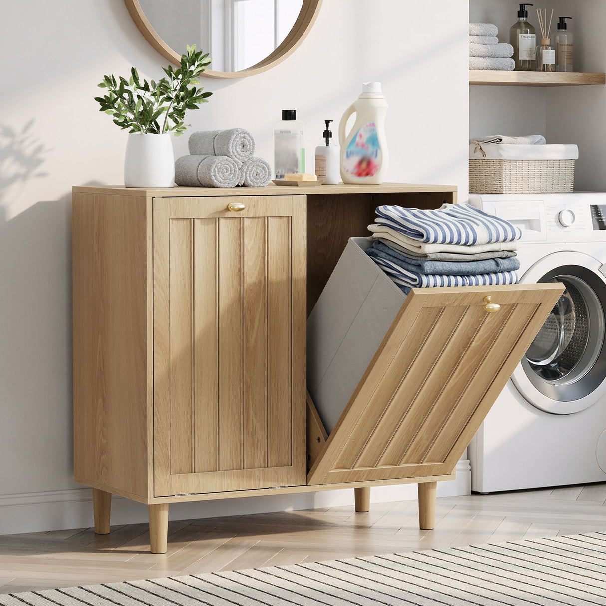 Sloping Laundry Basket With Removable Inner Bin, Concealed Storage Cabinet For Bathroom - Oak
