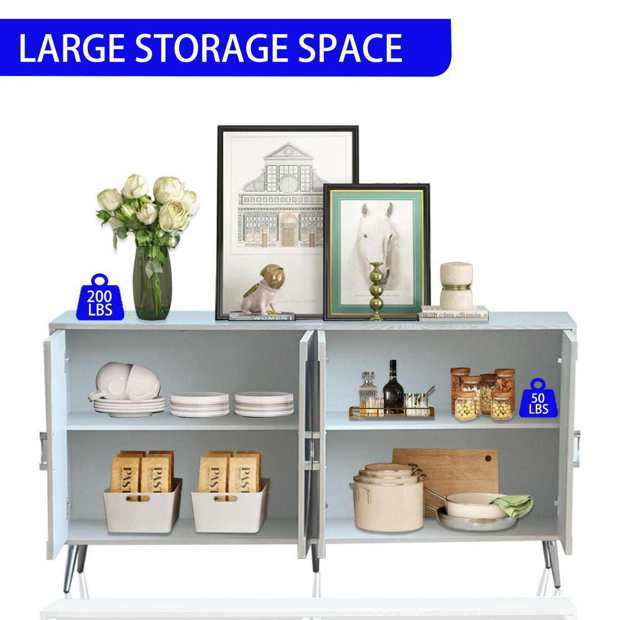 Modern Sideboard Buffet Server Cabinet Lacquered Wood Storage 60x31in