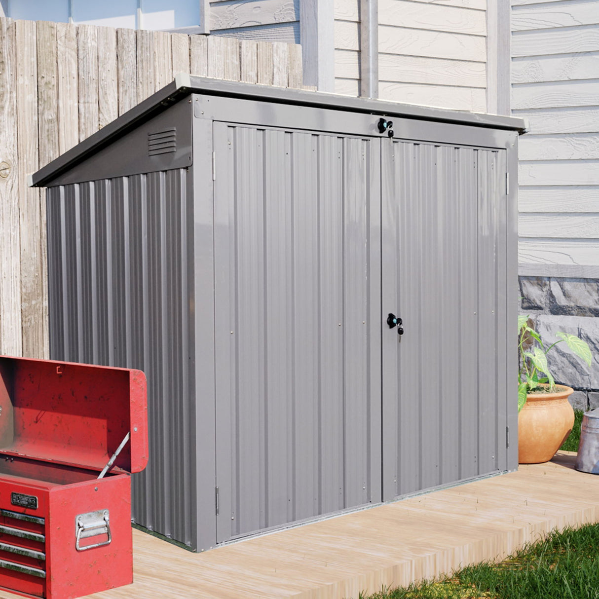 Garbage Bin Shed Trash Can Enclosure Storage Building Steel 62x53in Gray