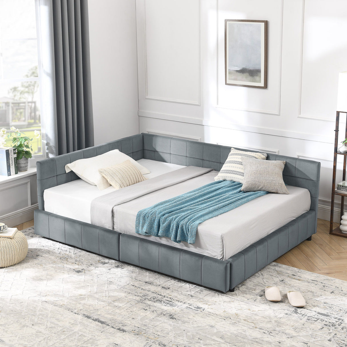 Mid-Century Storage Upholstered Tufted Bed Frame With Backrest And Armrests