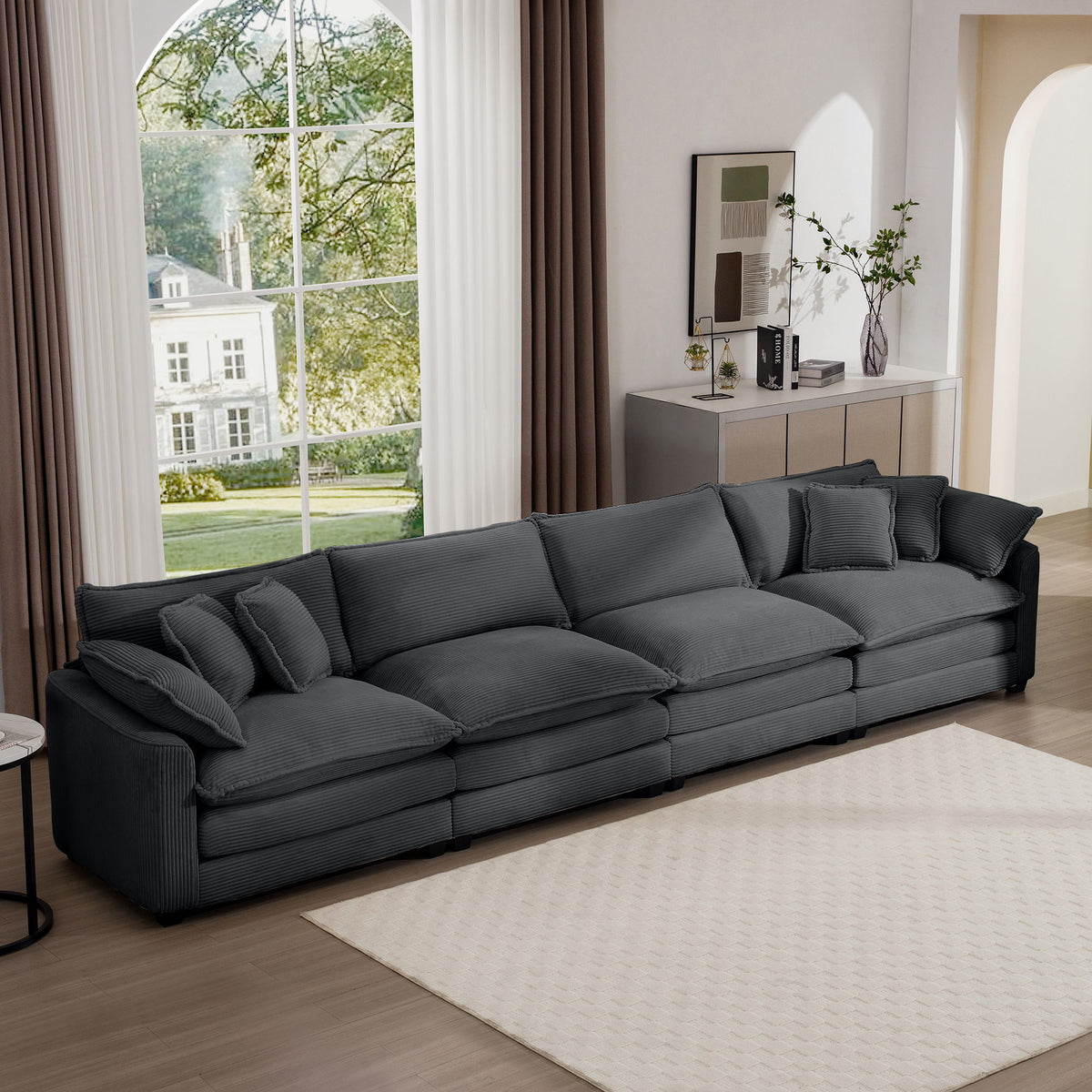 Modern Upholstered 4 Seater Fabric Sofa With Arm And Throw Pillows