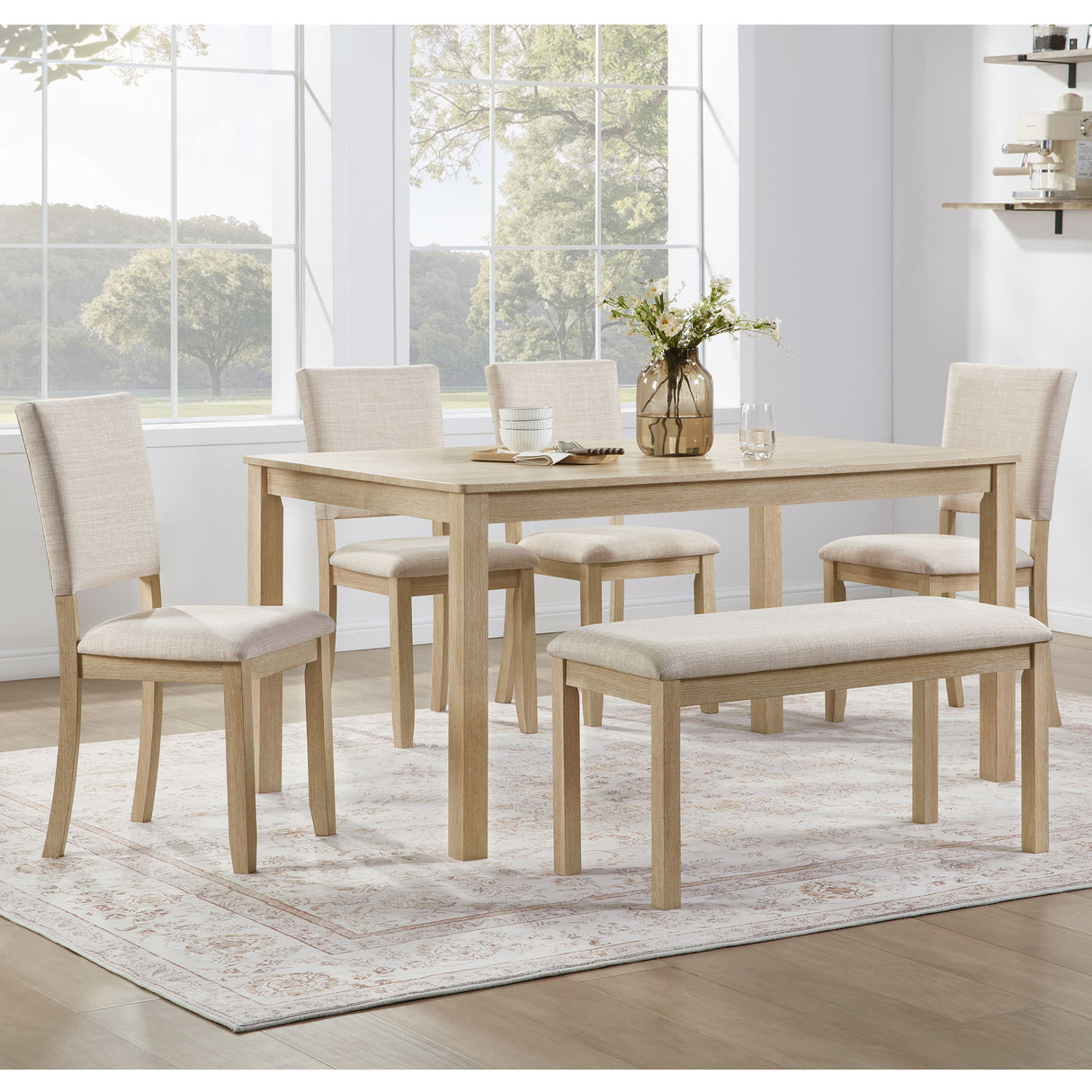 6 Piece Dining Table Set With Bench - Beige / Light Oak