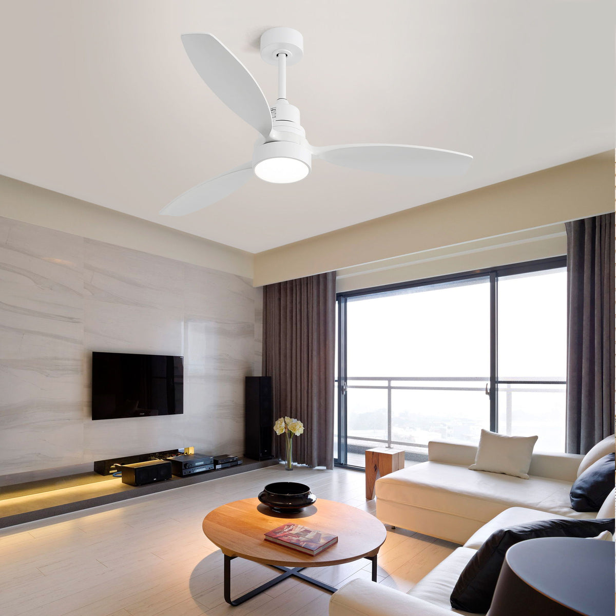 52" Ceiling Fan White 3 Blades Remote Control Reversible DC Motor With LED Light - Matte White