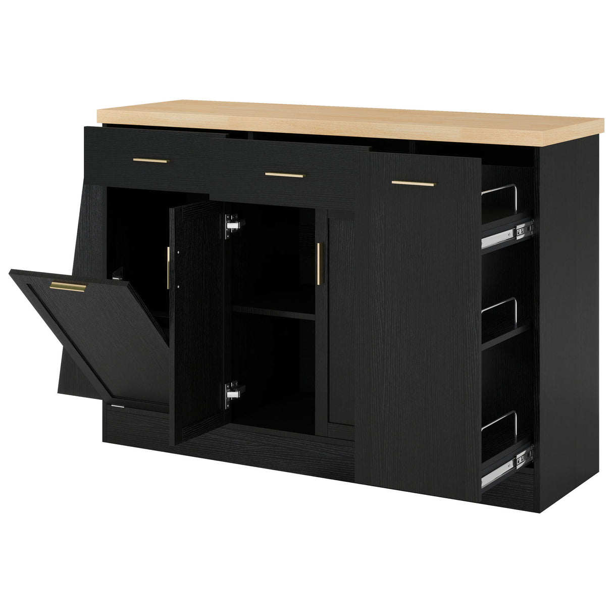 Kitchen Sideboard With Sliding Door Cabinet, 3 Tier Spice Rack