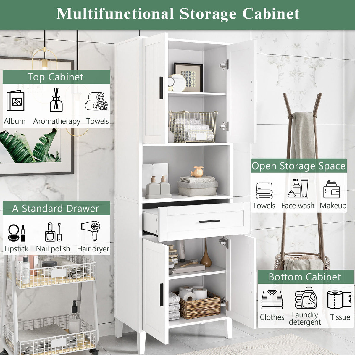 Freestanding Tall Bathroom Cabinet With Soft Close Doors And Adjustable Shelves