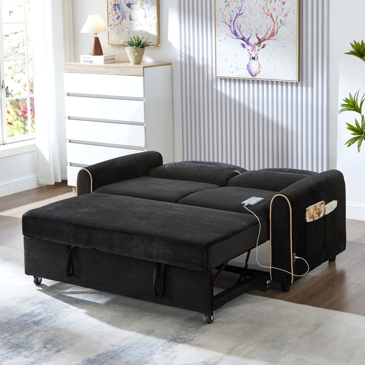 Pull Out Sofa Bed With Adjustable 3 Position Backrest, USB Charging Ports, Side Pockets