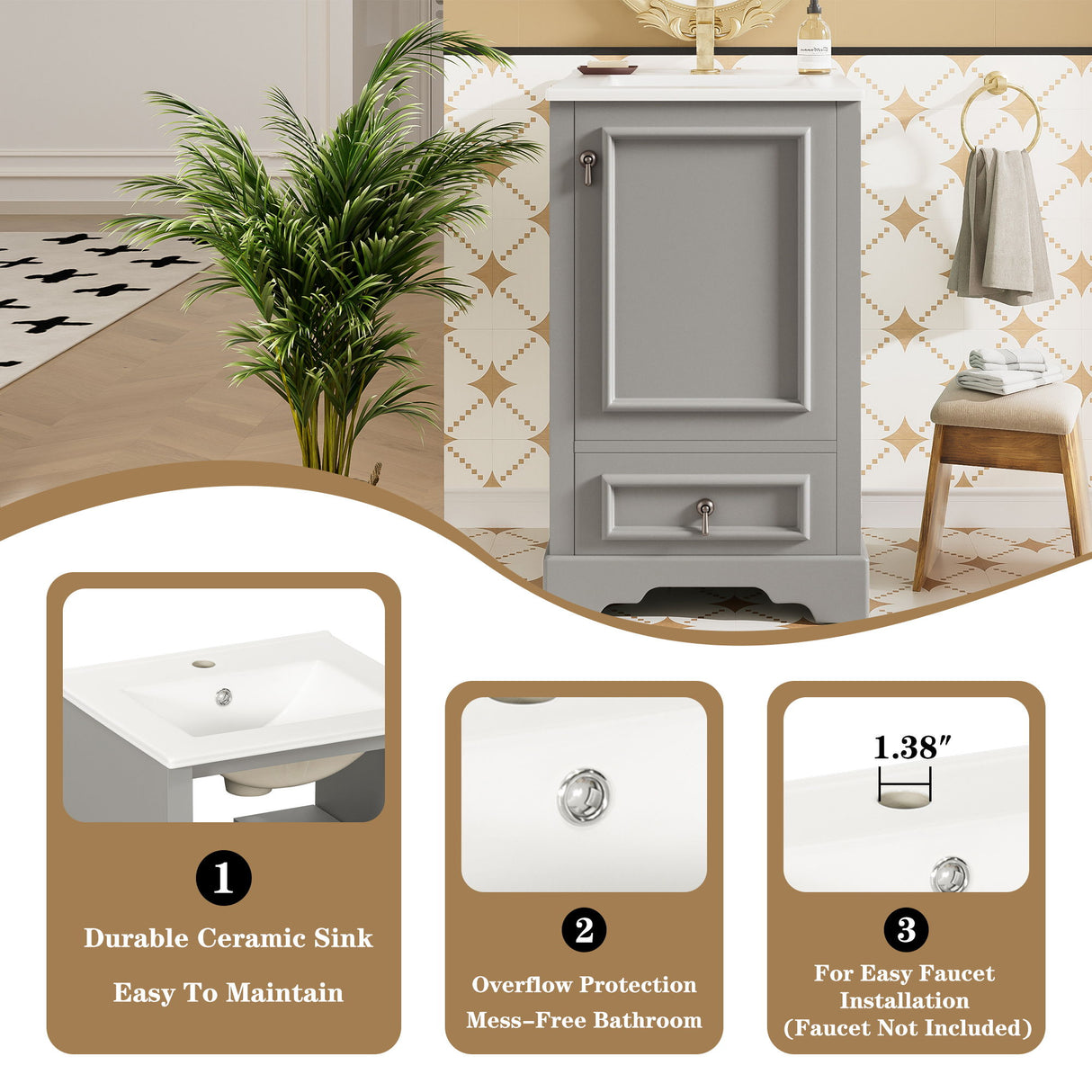 Bathroom Vanity With Sink, Soft Close Door, Adjustable U-Shaped Shelf