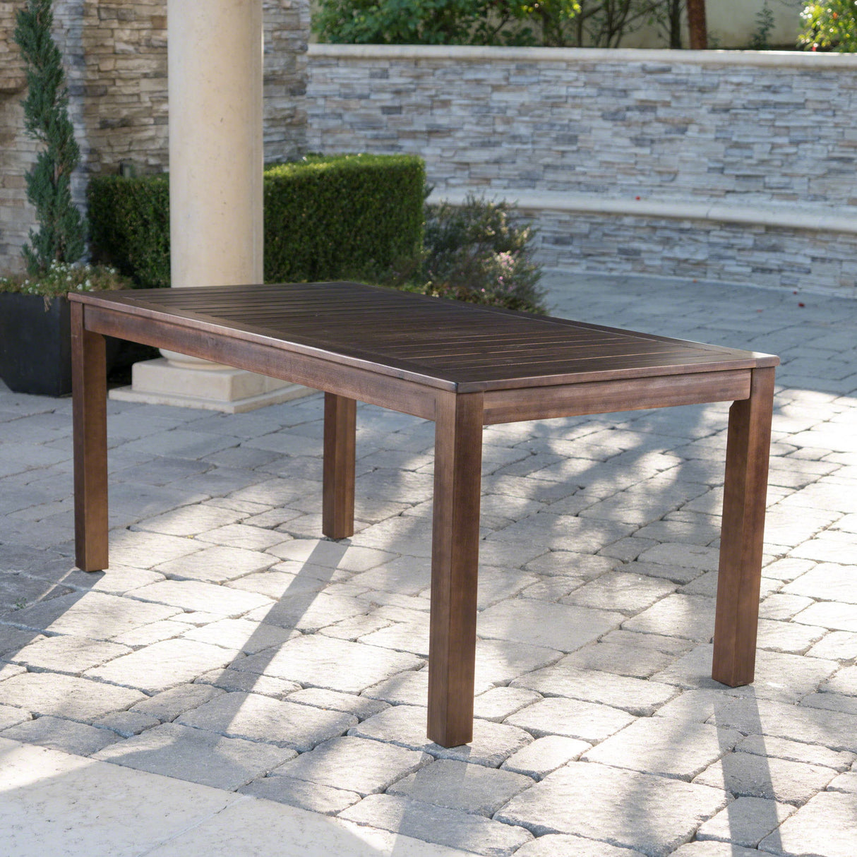 Acacia Wood Outdoor Dining Table With Slatted Top - Dark Brown