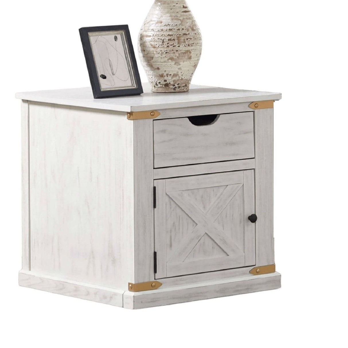 End Table With Storage Drawer And Shelves - Antique White / Gold
