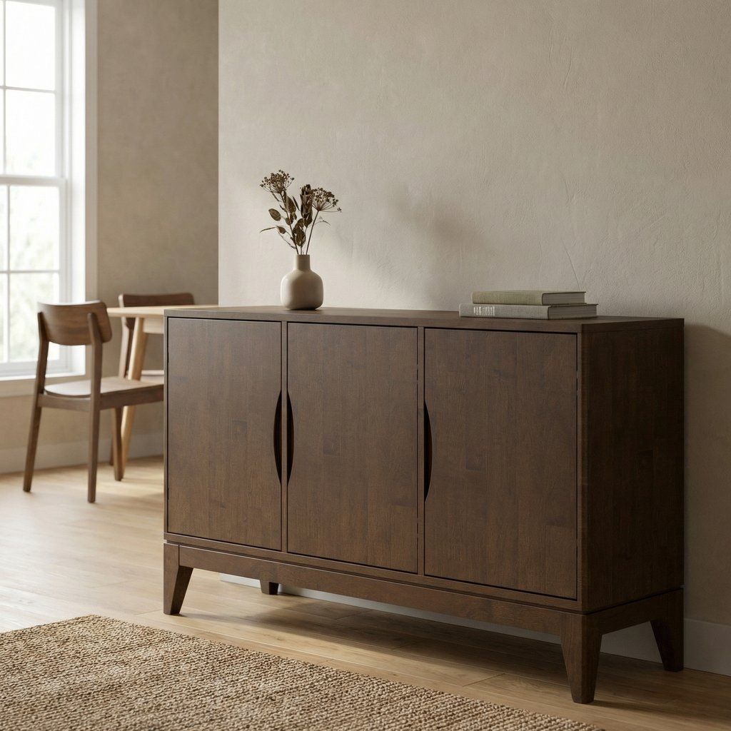 Sideboard Buffet Storage Cabinet with 3 Doors in Solid Wood 60x32in Dark Brown