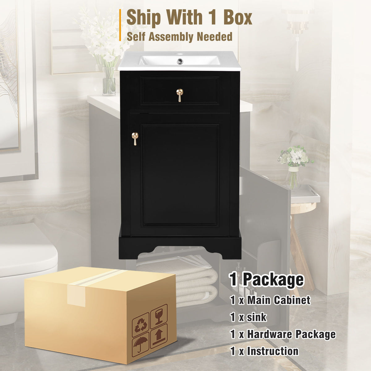 Elegant Bathroom Vanity With Ceramic Sink, Soft Close Door, Adjustable Shelf