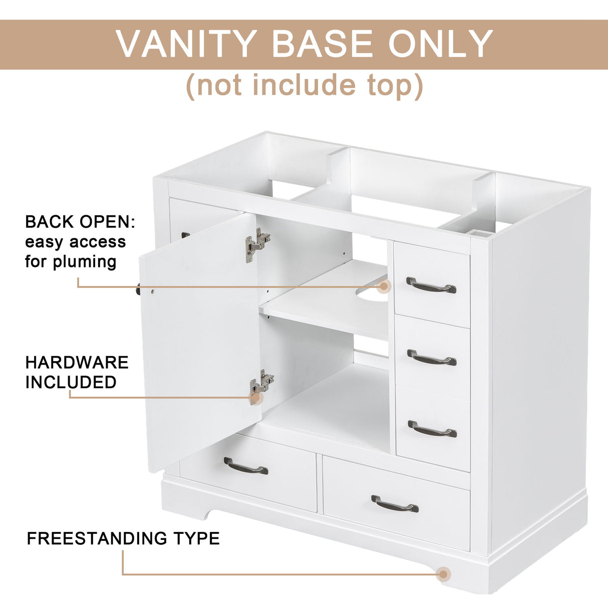 Modern Bathroom Vanity Base Only, 6 Drawer Storage With Adjustable Shelf