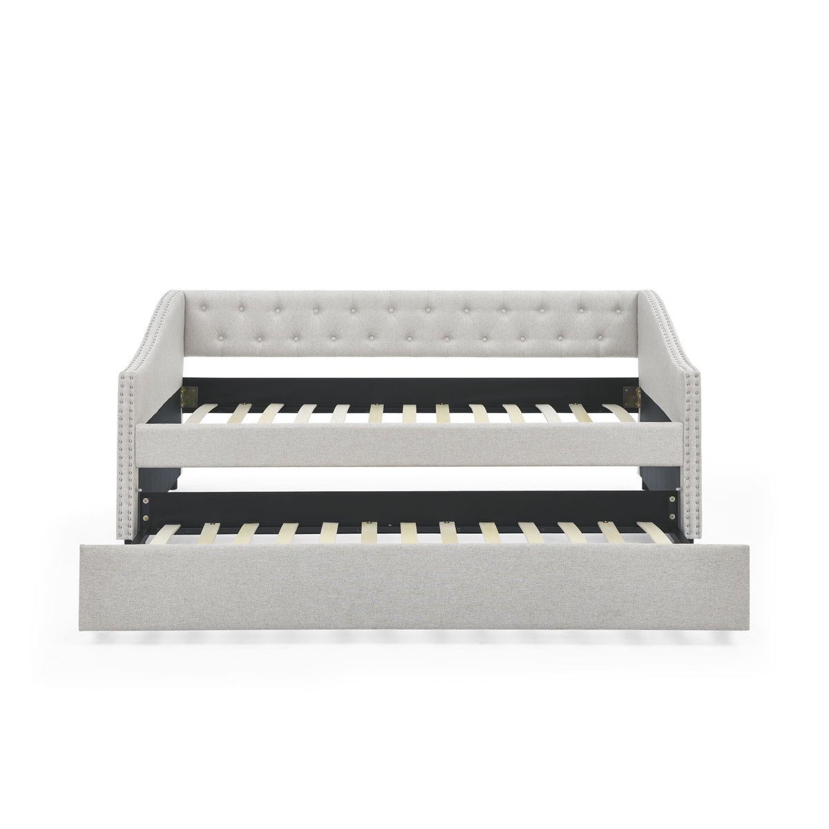 Upholstered Tufted Daybed With Drawers, Waved Arms