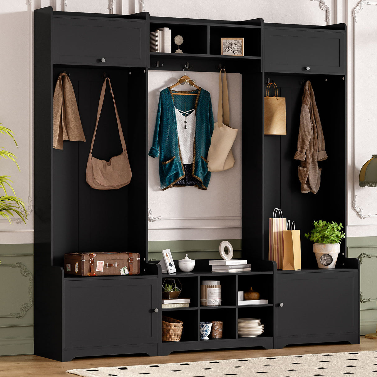 Wide Hall Tree With Shoe Storage, 4 In 1 Entryway Bench With 8 Cubbies, 7 Coat Hooks & Adjustable Shelf For Hallway - Black