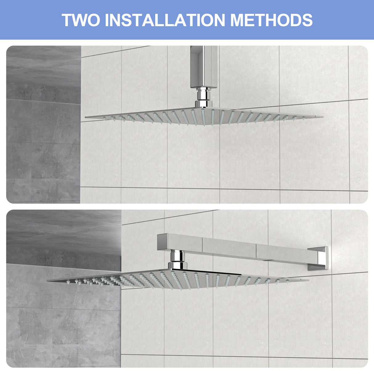 10" Square Rainfall Shower Head, Wall / Ceiling Mounted, Stainless Steel - Chrome