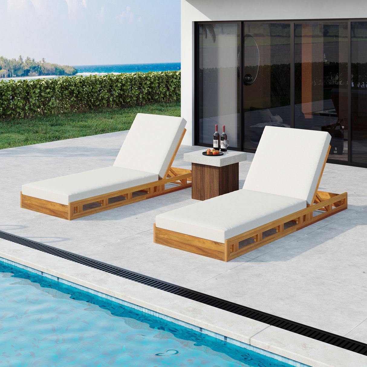 Premium Acacia Wood Lounge Chaise Set With Water Resistant Cushions, Adjustable Recline - Cream / Teak