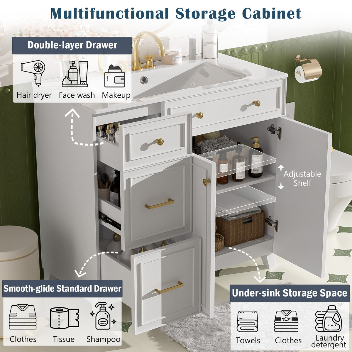 Bathroom Vanity With Sink, Soft Close Doors, Adjustable Shelves