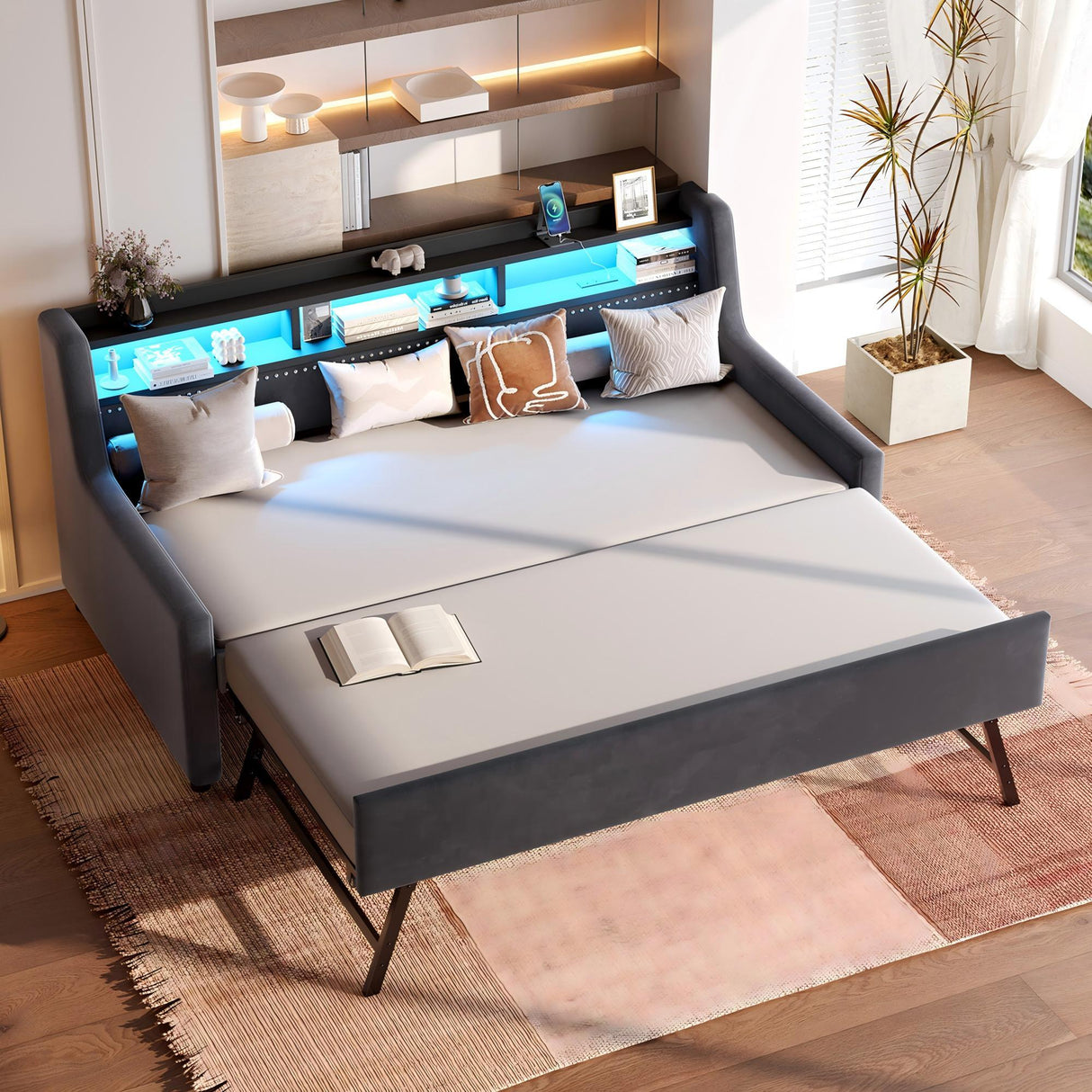Twin Size Daybed With Trundle With LED Light & Charging Station - Dark Gray