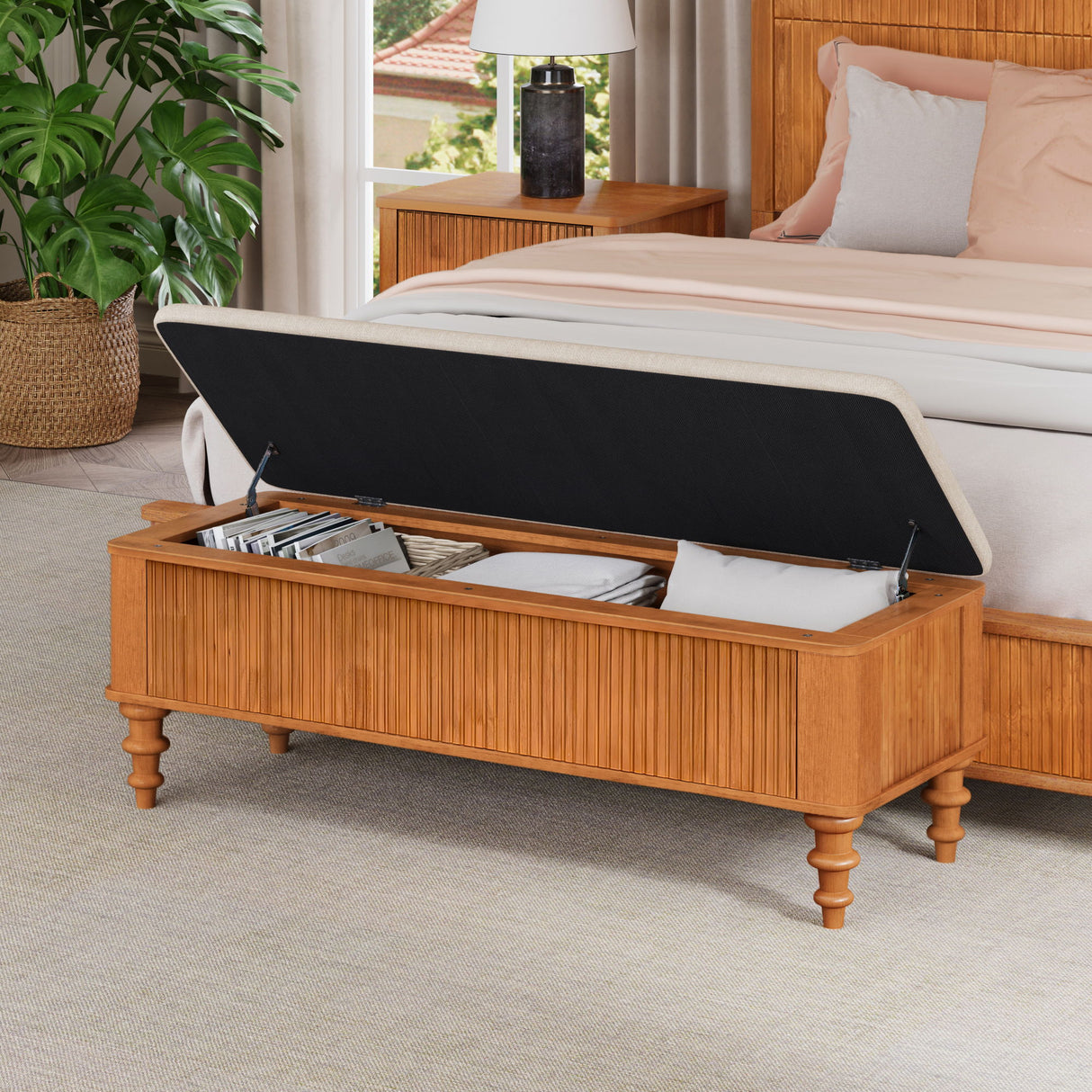 Storage Ottoman Bench For Living Room - Natural