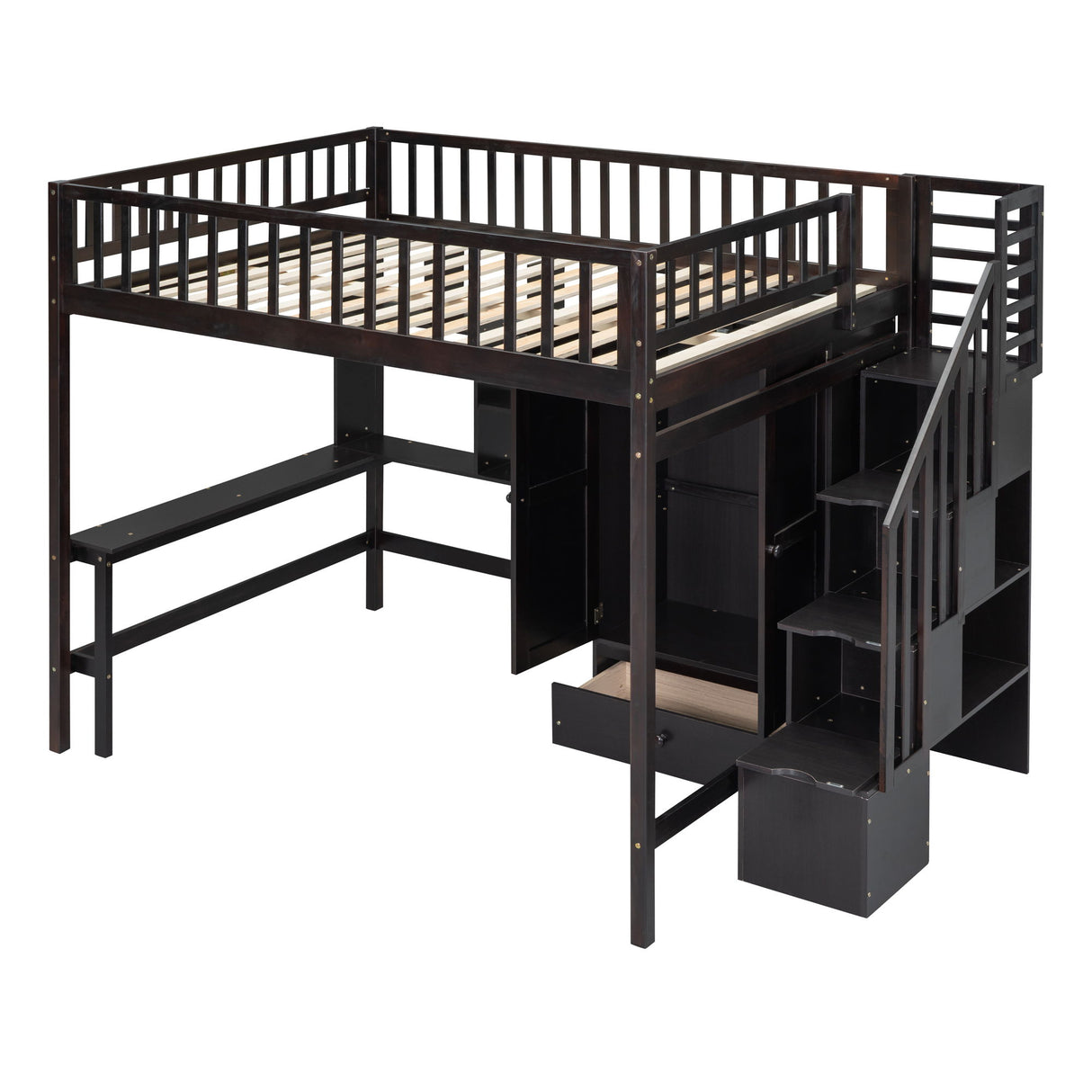 Loft Bed With Bookshelf, Drawers, Desk, And Wardrobe