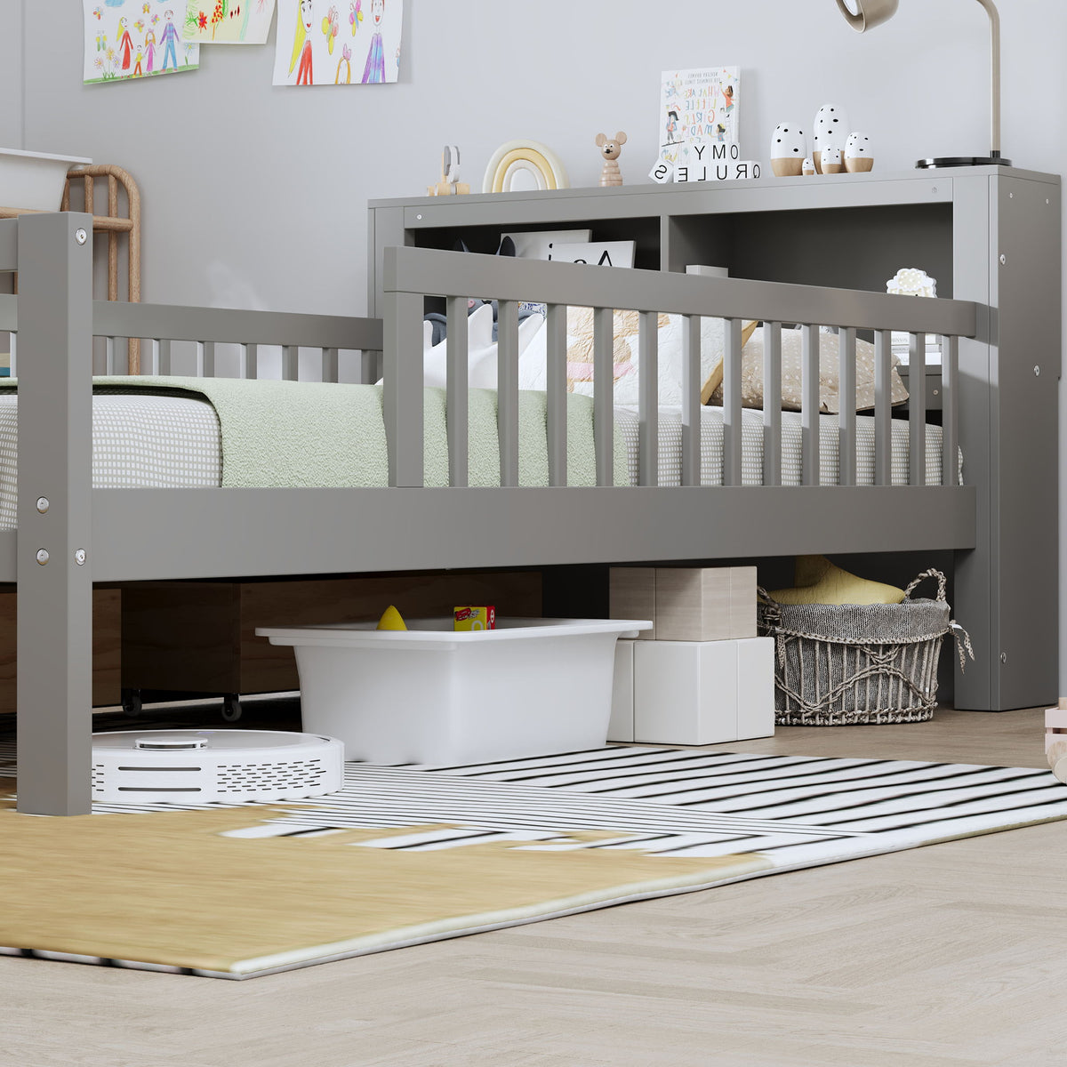 Bed With Headboard Storage Rack, 2 Under Bed Drawers, 3 Side Guardrails For Safety