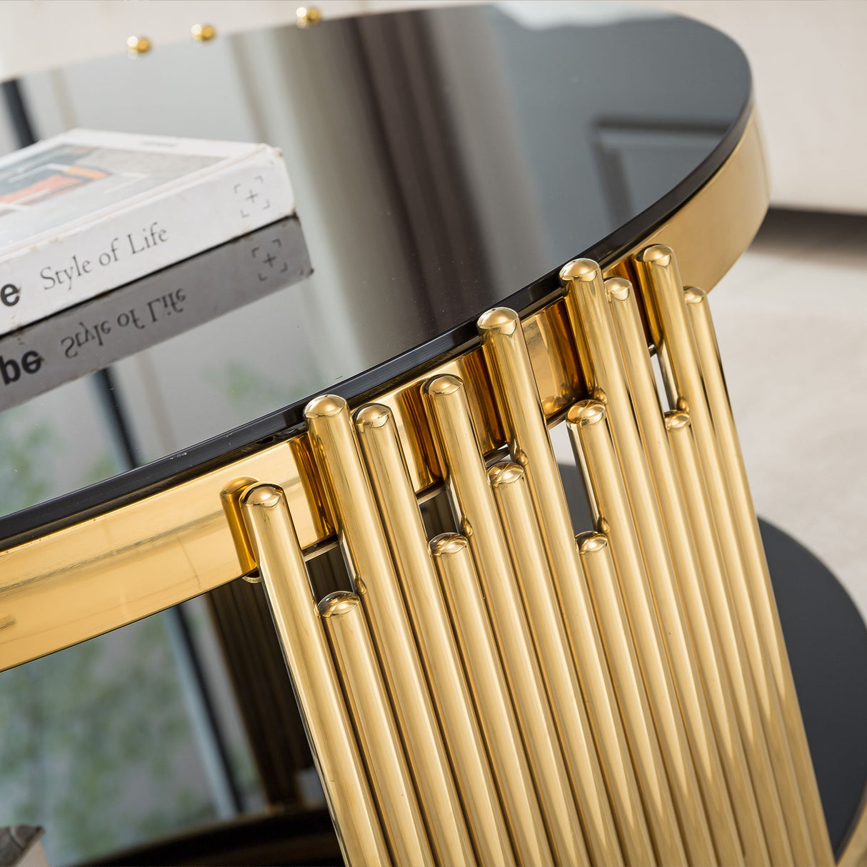 Round Double Tier Table With Flute Shaped Tube Legs