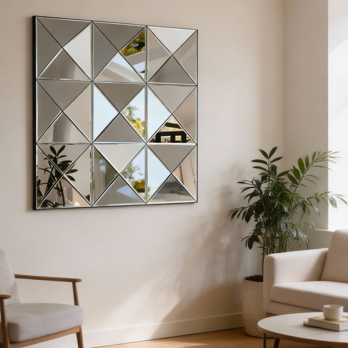 3D Beveled Wall Mirror With Frame, Large Square Design For Living Room - Silver