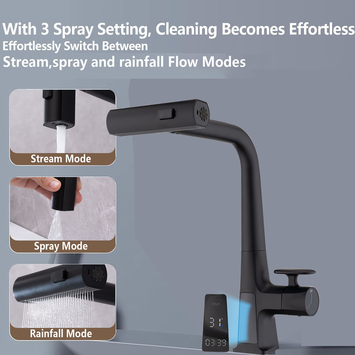 Waterfall Kitchen Faucet With Temperature Display And Pull Down Sprayer