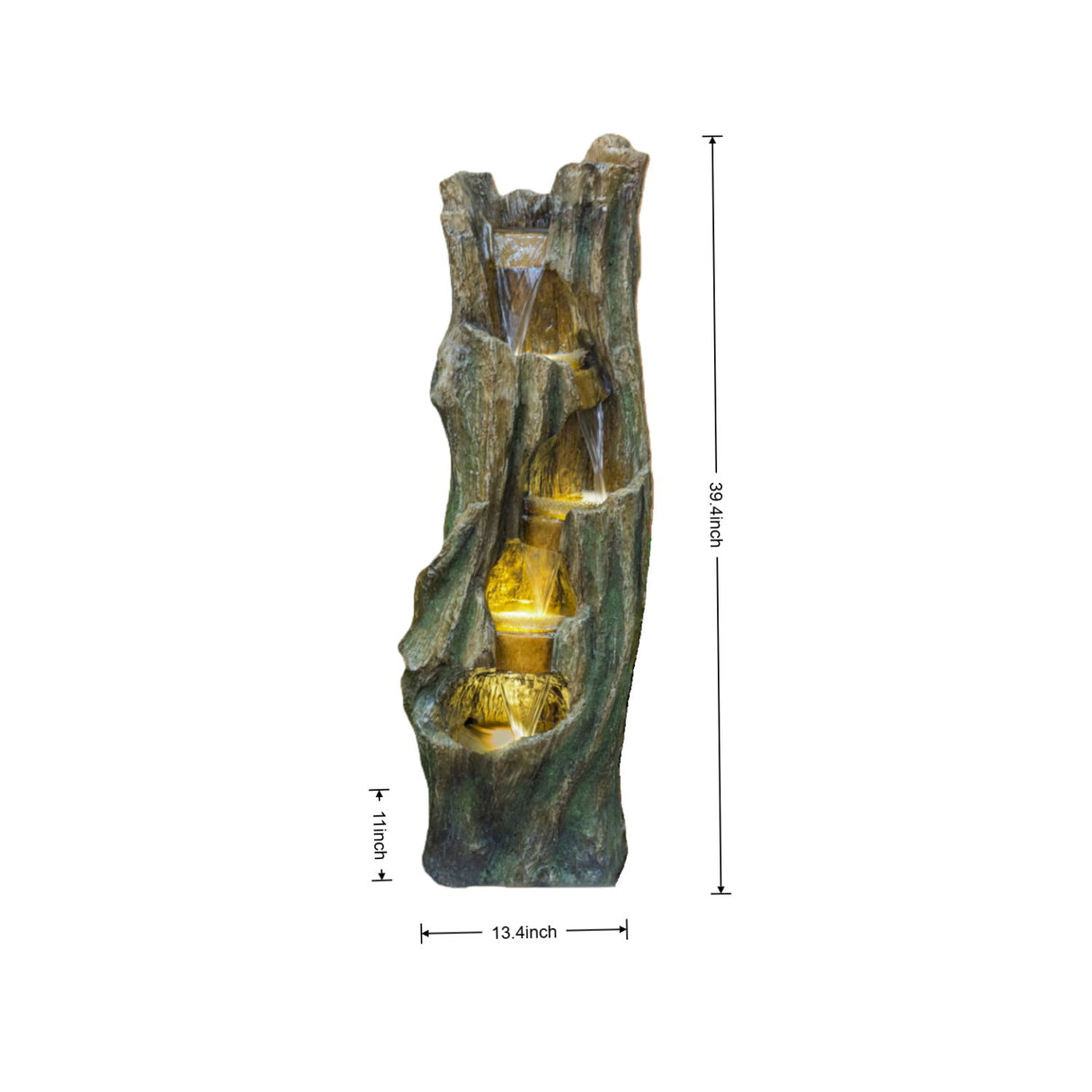 Tree Trunk Cascading Water Fountain, Outdoor LED Lighted - Gray