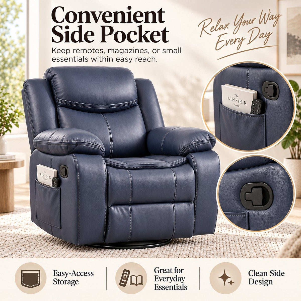 Rocker Recliner Chair With Manual Recline And 360° Swivel Base