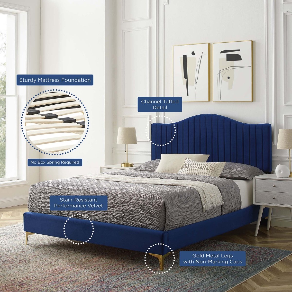 Channel Tufted Performance Velvet Platform Bed with Curved Silhouette - Platform Bed available at Alpine Outlets in Denver