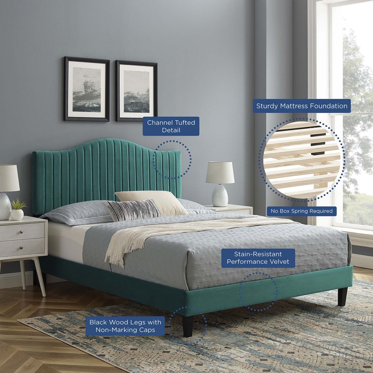 Channel Tufted Performance Velvet Platform Bed with Curved Silhouette - Platform Bed available at Alpine Outlets in Denver