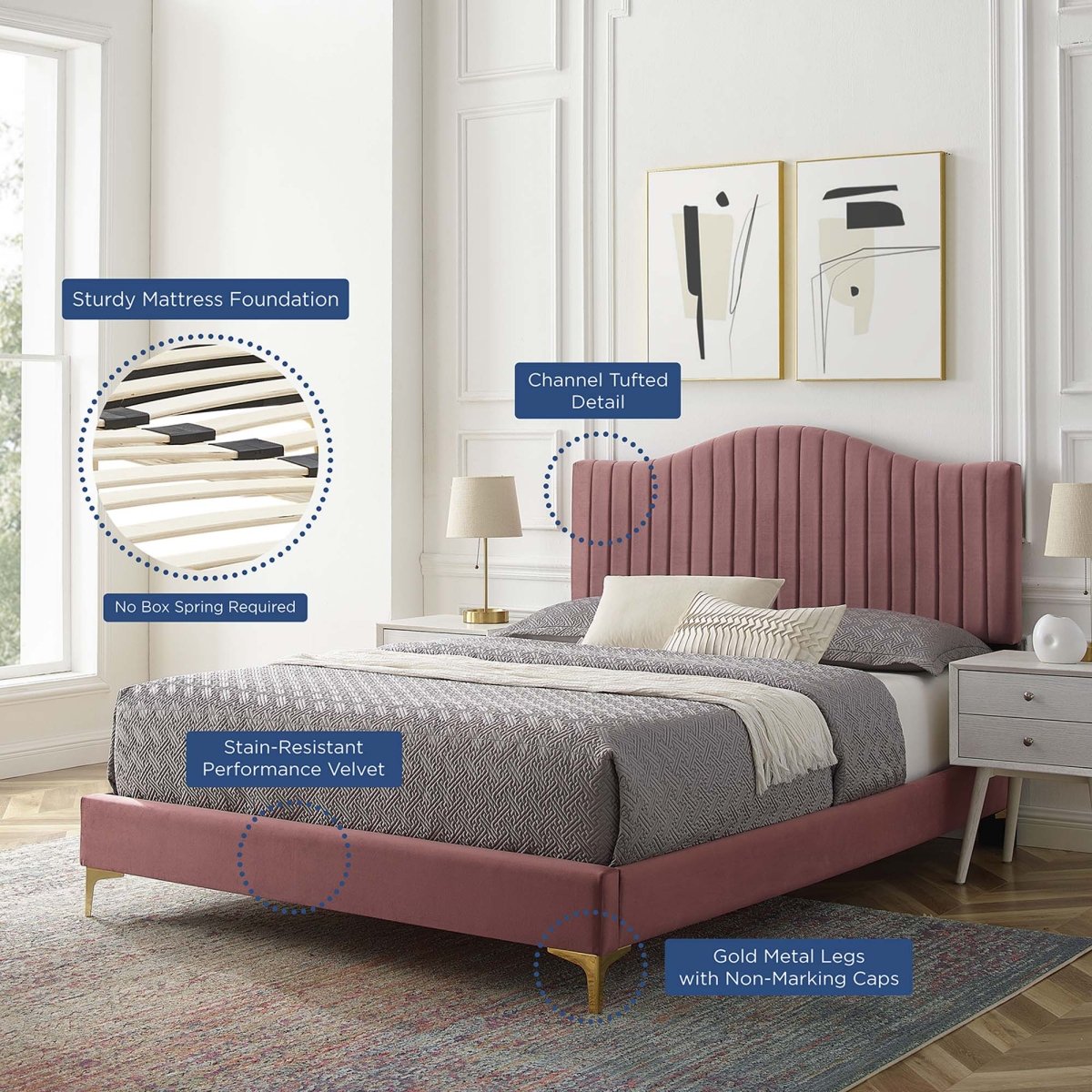 Channel Tufted Performance Velvet Platform Bed with Curved Silhouette - Platform Bed available at Alpine Outlets in Denver