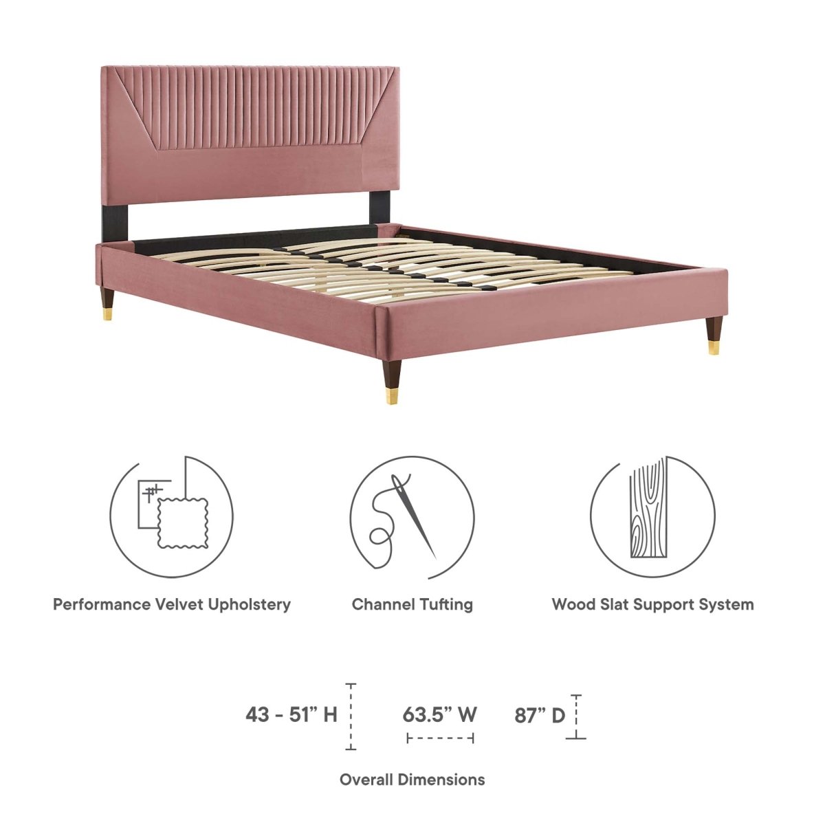 Channel Tufted Performance Velvet Platform Bed with Gold Detailed Legs - Platform Bed available at Alpine Outlets in Denver
